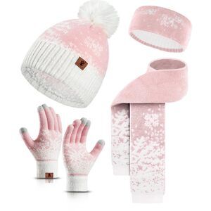 4 Pcs Hat Glovess Scarf Set For Women With Winter Headband Warm Knit 8429